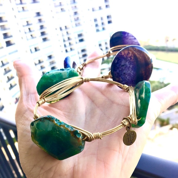 Vintage Jewelry - Jade & Amethyst Stone and gold tone wire bracelet